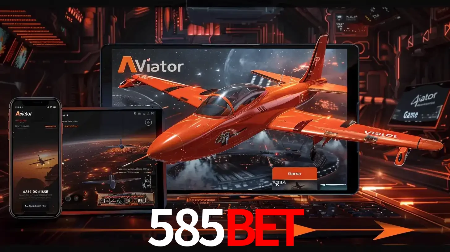 Apresentação tecnológica do jogo Aviator com um avião saindo da tela de um tablet, demonstrando a experiência imersiva em múltiplos dispositivos no 585bet.