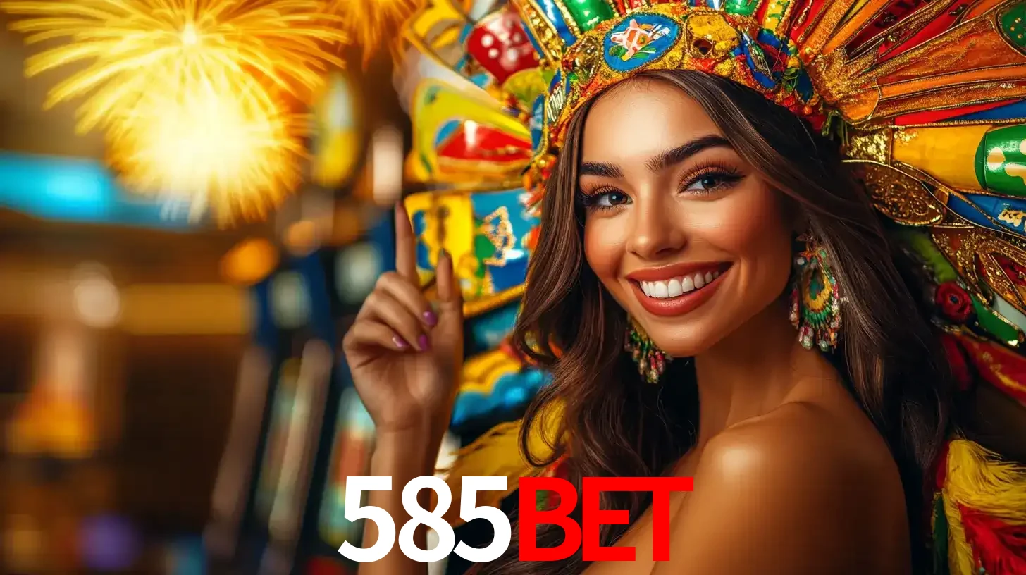 Mulher sorridente com um cocar de carnaval vibrante e colorido, celebrando uma grande vitória nos jogos do cassino 585bet com fogos de artifício ao fundo.