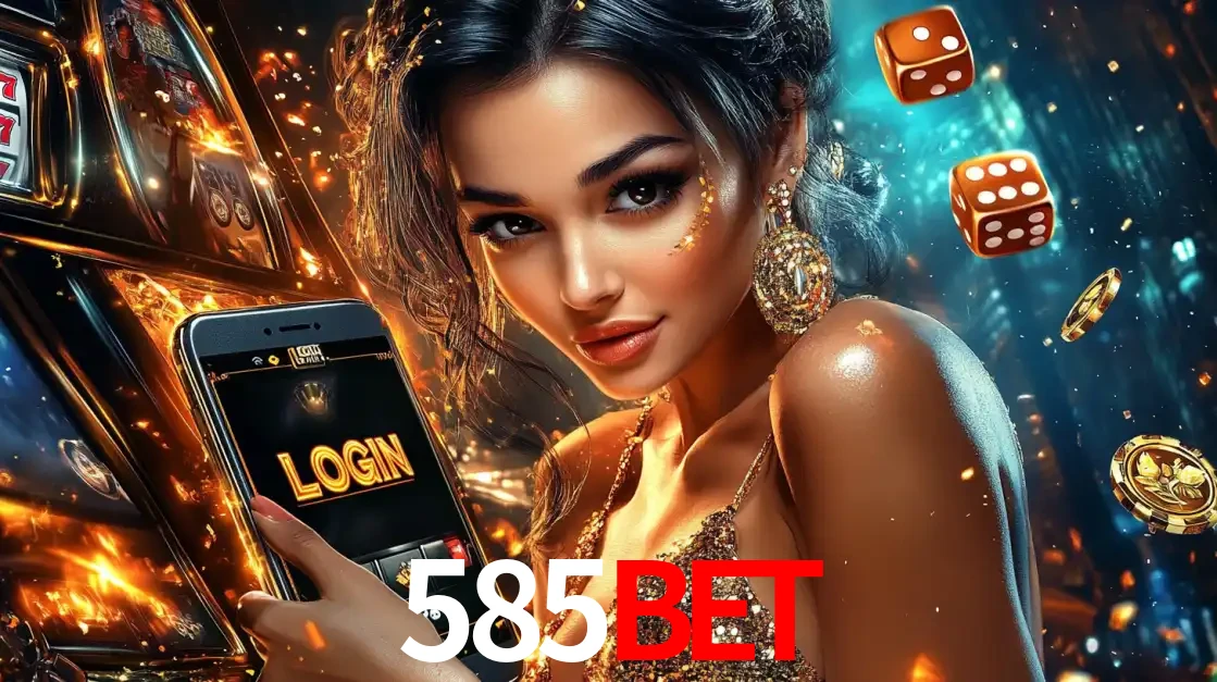 Mulher glamourosa segurando um celular com a tela de login do cassino 585bet, rodeada por dados e moedas douradas, pronta para começar a diversão.