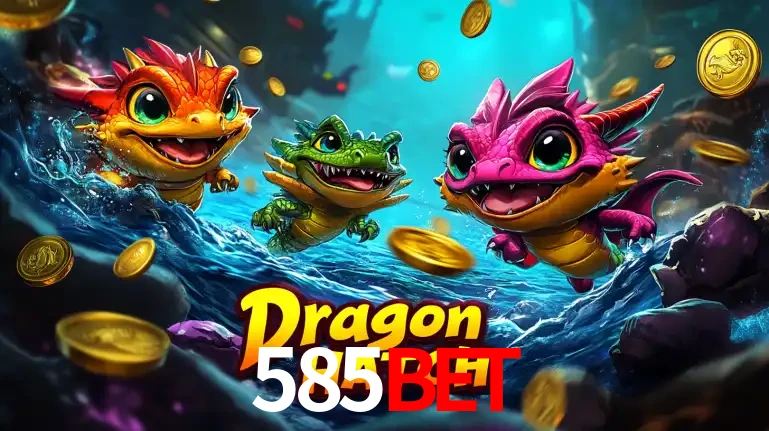 Arte promocional do jogo Dragon Hatch com três adoráveis dragões bebês nadando entre moedas de ouro, um dos slots mais divertidos para jogar no cassino 585bet.