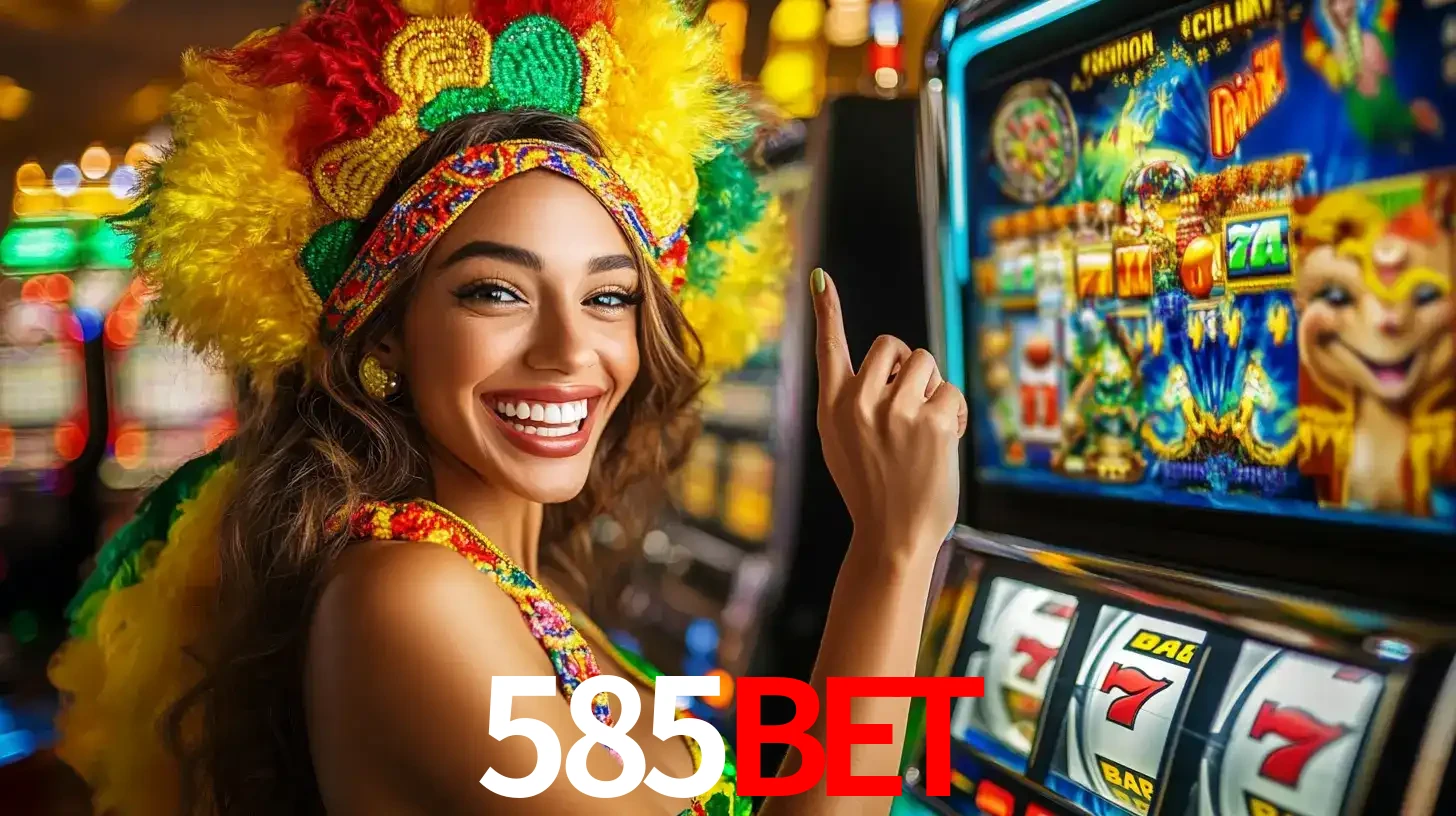 Mulher animada com um cocar de carnaval apontando para uma máquina de caça-níqueis, mostrando a emoção de ganhar um grande prêmio nos jogos do 585bet.