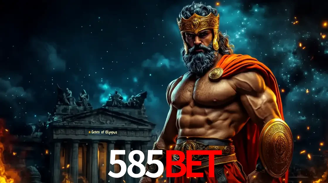 O poderoso Zeus do jogo de slot Gates of Olympus em frente ao seu templo, pronto para lançar multiplicadores divinos e prêmios épicos no cassino online 585bet.