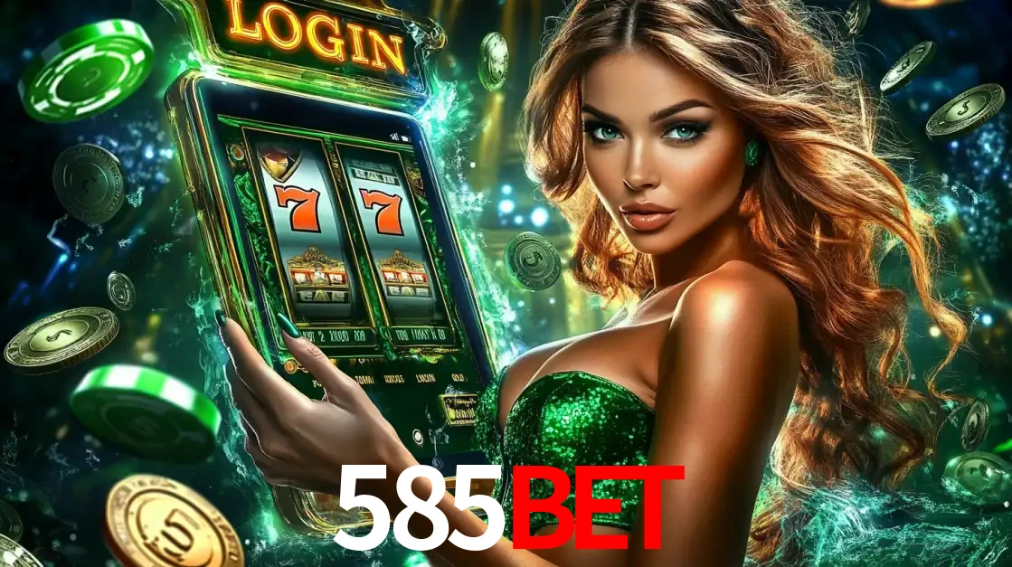 Mulher com tema verde apresentando o aplicativo do cassino 585bet com um jogo de slot de 777, cercada por fichas de cassino e uma aura de sorte.