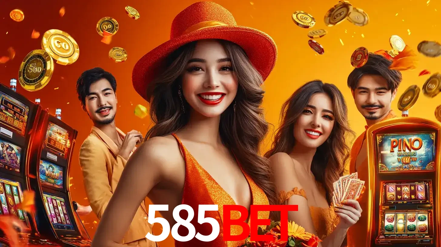 Grupo de amigos asiáticos sorrindo e se divertindo com máquinas de caça-níqueis em um ambiente festivo, celebrando suas vitórias nos jogos de cassino do 585bet.