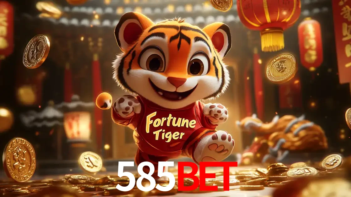 O alegre personagem do Fortune Tiger correndo sobre um caminho de moedas de ouro, simbolizando os grandes prêmios e a diversão do popular jogo de slot do 585bet.