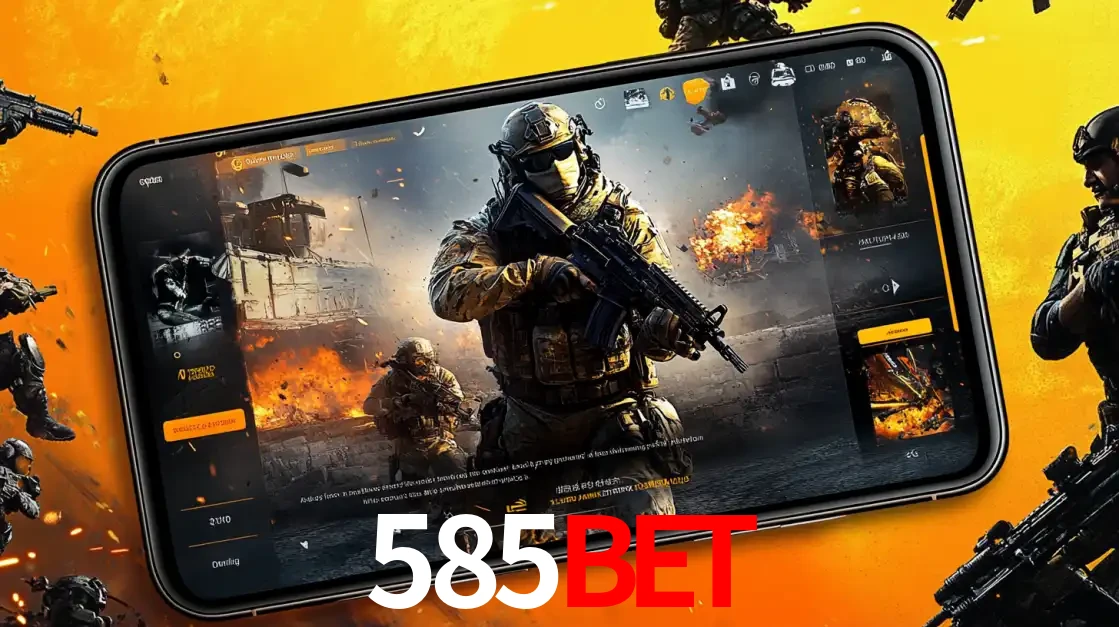Um smartphone exibindo a interface de um jogo de tiro em primeira pessoa, com um soldado em um cenário de batalha, representando a ação dos e-sports para apostar no 585bet.