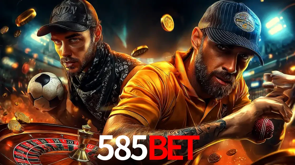 Montagem de apostas esportivas e cassino no 585bet, com um homem segurando uma bola de futebol e outro uma de beisebol sobre uma roleta e moedas voadoras.