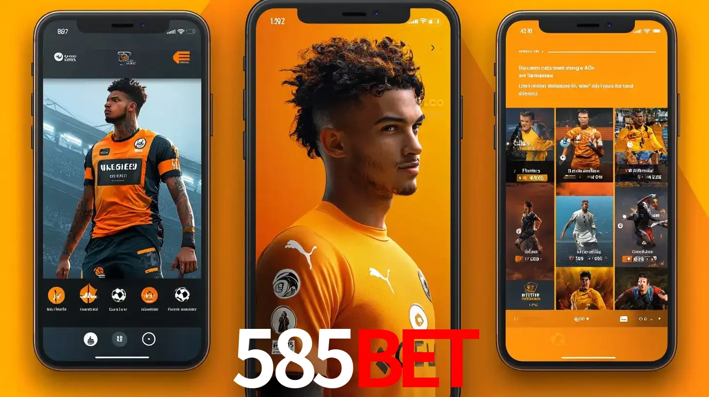 Interface do aplicativo de apostas esportivas 585bet em três telas de celular, mostrando o perfil de um jogador de futebol e a lista de jogos disponíveis para apostar.