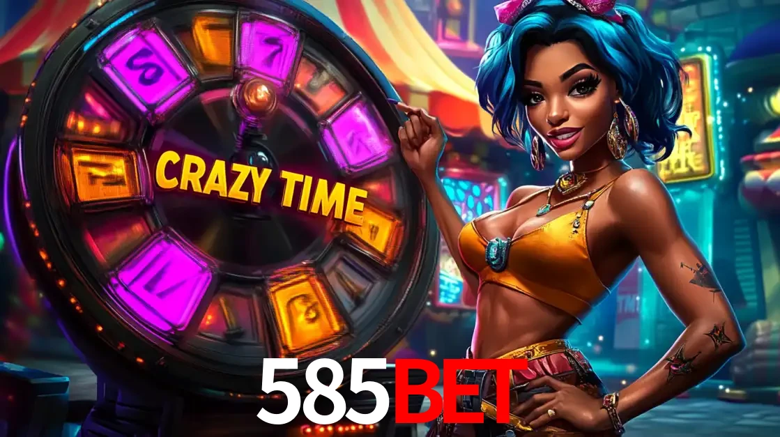 Mulher estilizada com cabelo azul e visual vibrante posando ao lado da roda de prêmios do game show Crazy Time, convidando para a diversão e os bônus do cassino 585bet.