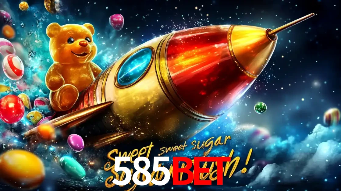 Arte promocional do jogo de slot Sugar Rush, com um urso de pelúcia em um foguete viajando pelo espaço de doces, um dos jogos divertidos disponíveis no cassino 585bet.
