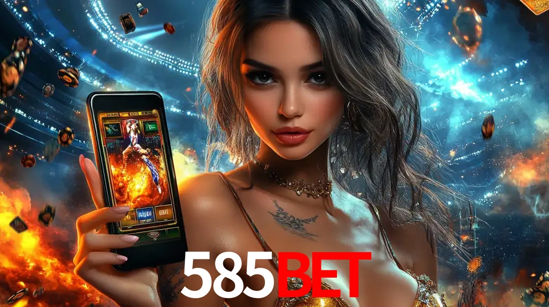 Mulher segurando um celular com um jogo de slot em destaque, tendo como fundo um estádio vibrante, simbolizando a emoção de jogar no cassino móvel 585bet.
